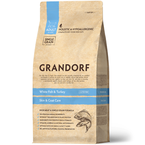 892ziktpd0dd1ybulonckk9jm7m2c50k Grandorf Белая рыба с индейкой для взрослых кошек White Fish & Turkey,Skin & Coat Care — изображение 1