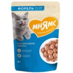 Мнямс Влажный корм Кусочки в соусе с форелью для красивой шерсти кошек 85г