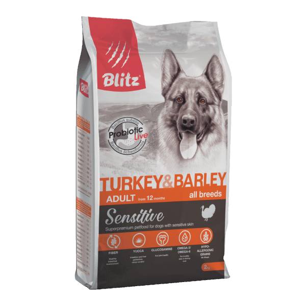 Blitz-Sensitive-adult-TurkeyBarley-2kg Blitz Sensitive с индейкой и ячменем сухой корм для взрослых собак всех пород — изображение 1